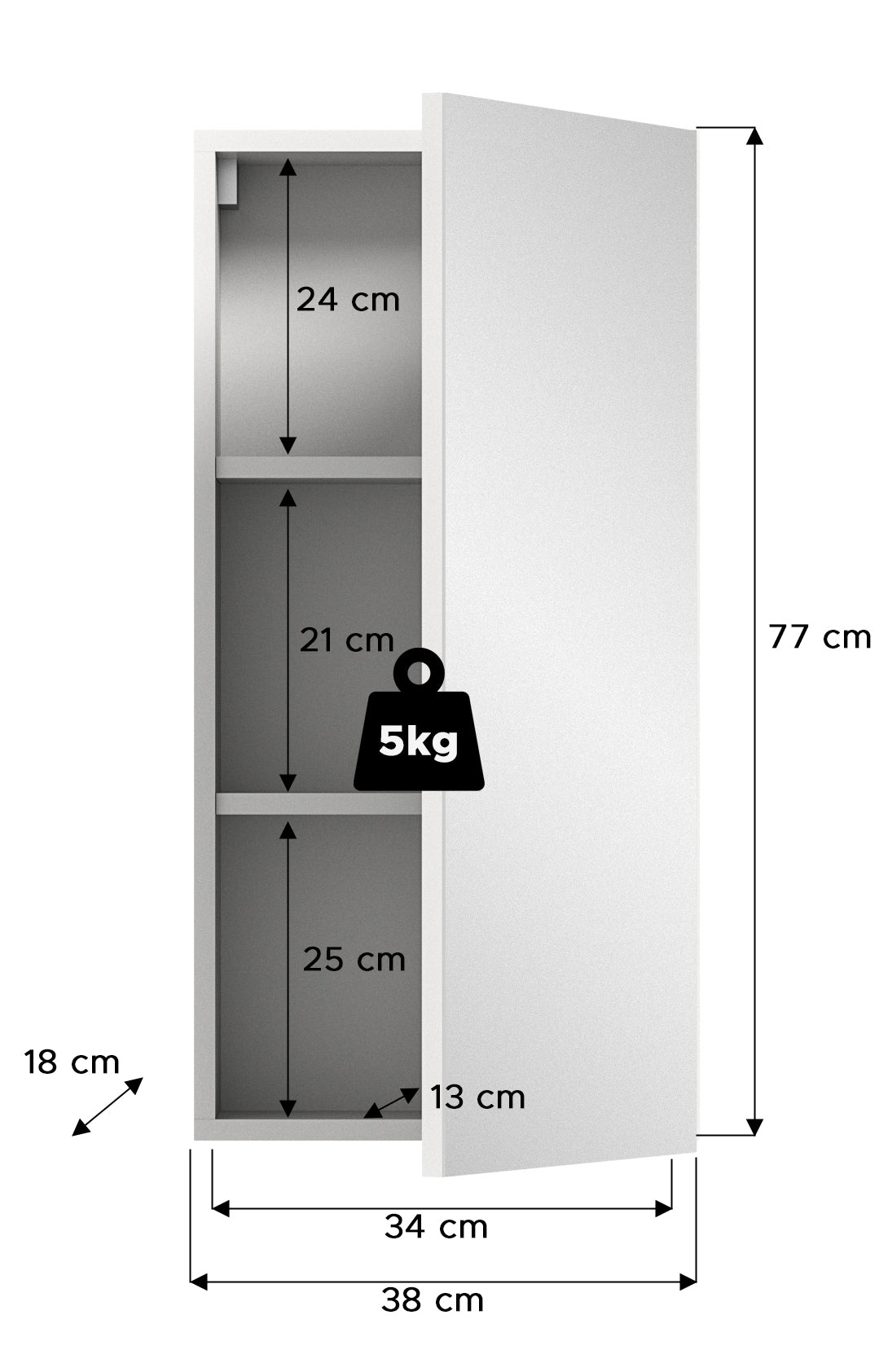 Bad-Spiegelschrank mit Maßangaben, 77 cm hoch, 38 cm breit, 3 Einlegefächer
