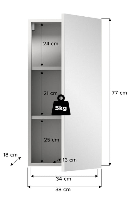 Bad-Spiegelschrank mit Maßangaben, 77 cm hoch, 38 cm breit, 3 Einlegefächer