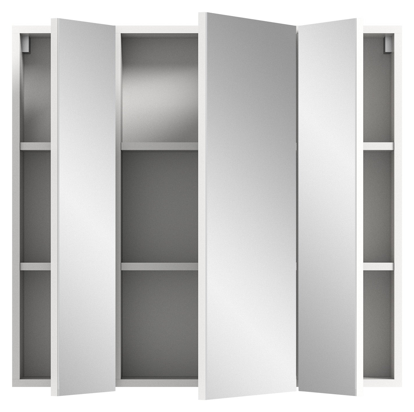 Badezimmerspiegelschrank mit offenen 3 Spiegeltüren und Einlegeböden, graues Innenfach.