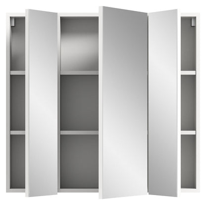 Badezimmerspiegelschrank mit offenen 3 Spiegeltüren und Einlegeböden, graues Innenfach.