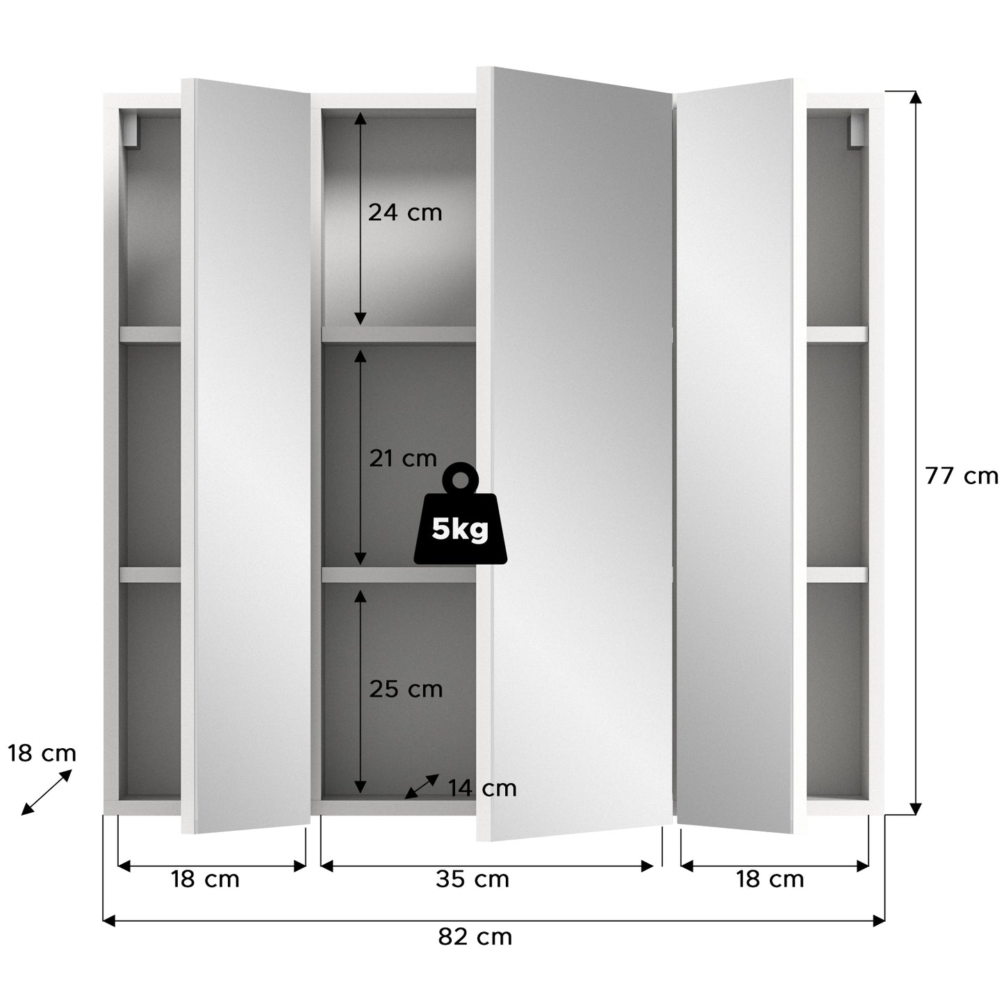 Badezimmerspiegelschrank 82 cm breit: Maße, Fachhöhen und Lastangabe 5 kg.