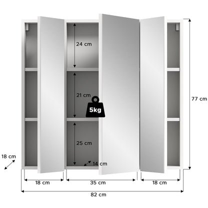Badezimmerspiegelschrank 82 cm breit: Maße, Fachhöhen und Lastangabe 5 kg.