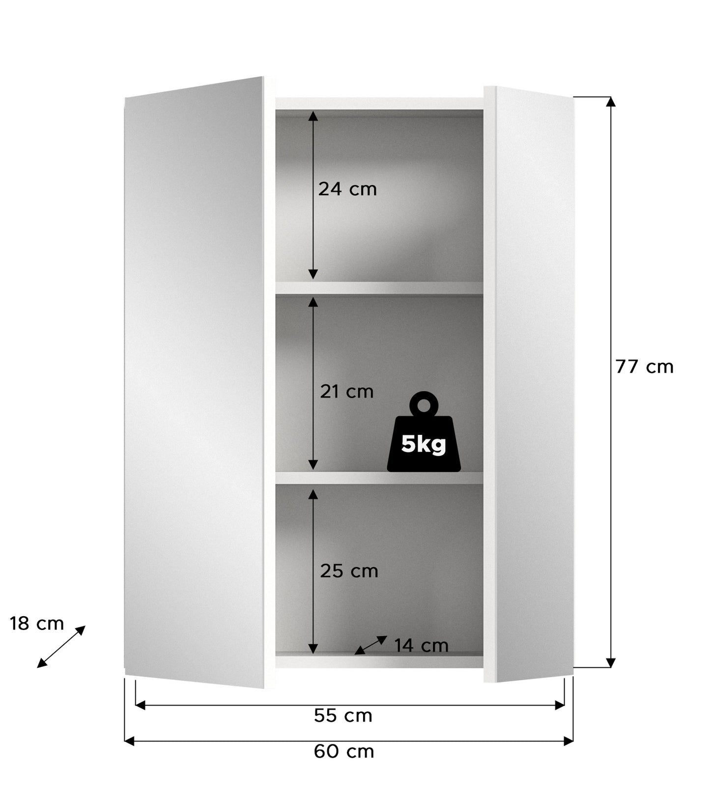 Badezimmerspiegelschrank Maßskizze: 60 cm Breite und 77 cm Höhe