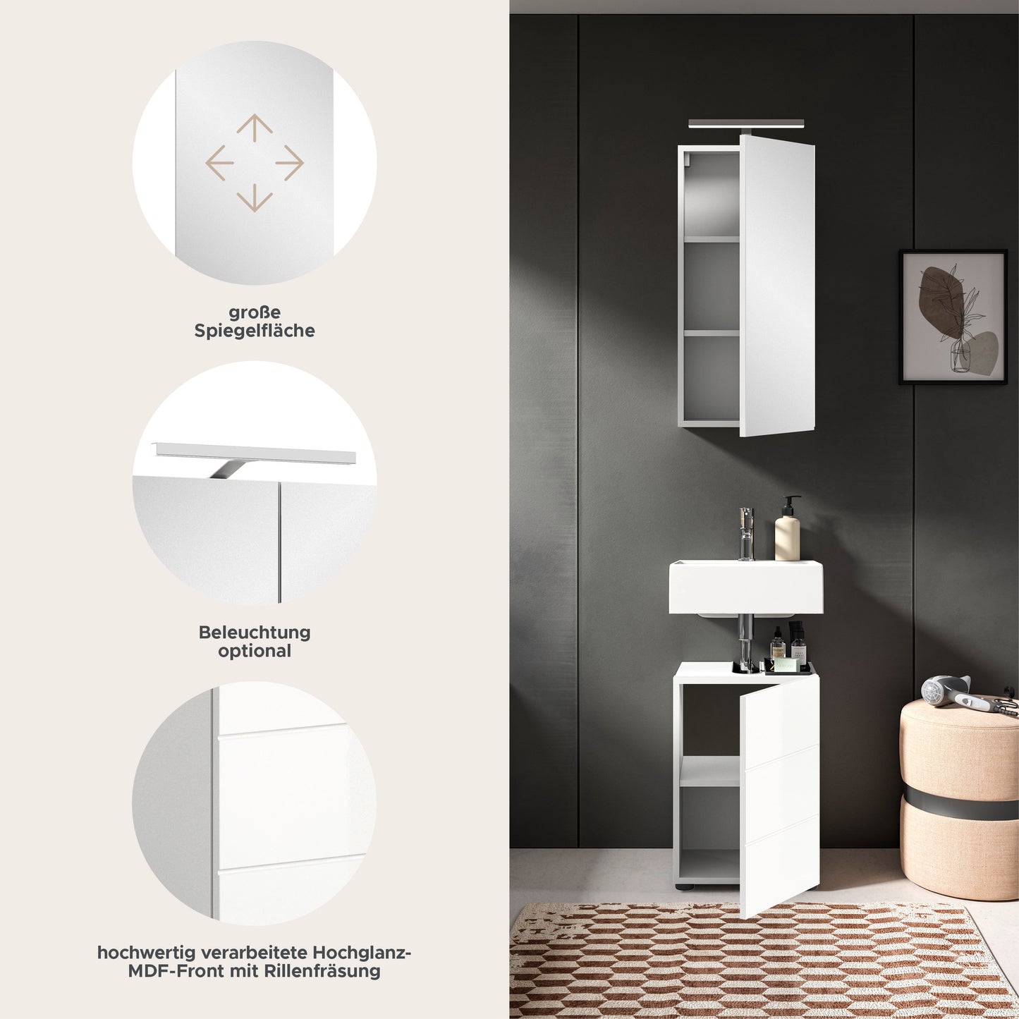 Homes & Jones Badezimmermöbel schmal 2tlg. inkl. Beleuchtung ideal für Gäste WC