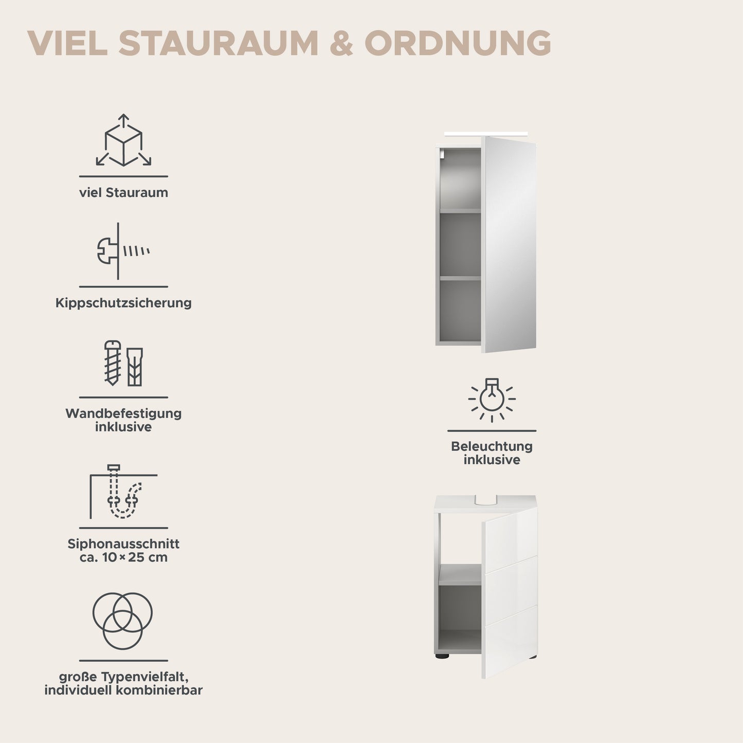 Homes & Jones Badezimmermöbel schmal 2tlg. inkl. Beleuchtung ideal für Gäste WC