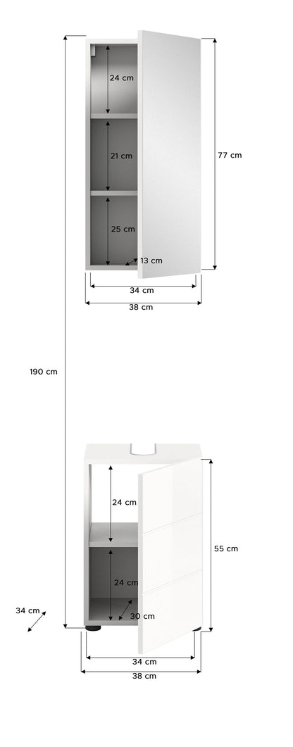 Homes & Jones Badezimmermöbel schmal 2tlg. inkl. Beleuchtung ideal für Gäste WC