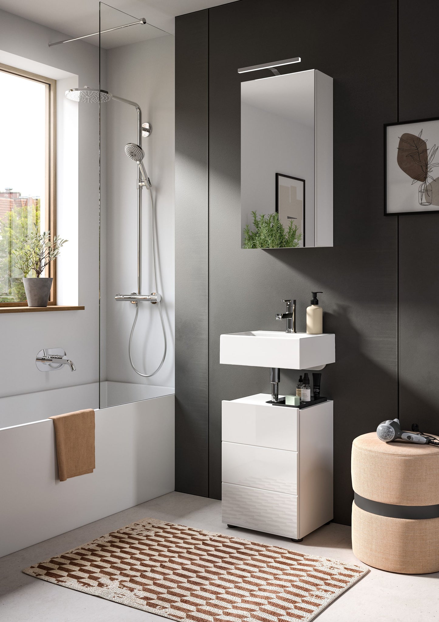 Homes & Jones Badezimmermöbel schmal 2tlg. inkl. Beleuchtung ideal für Gäste WC