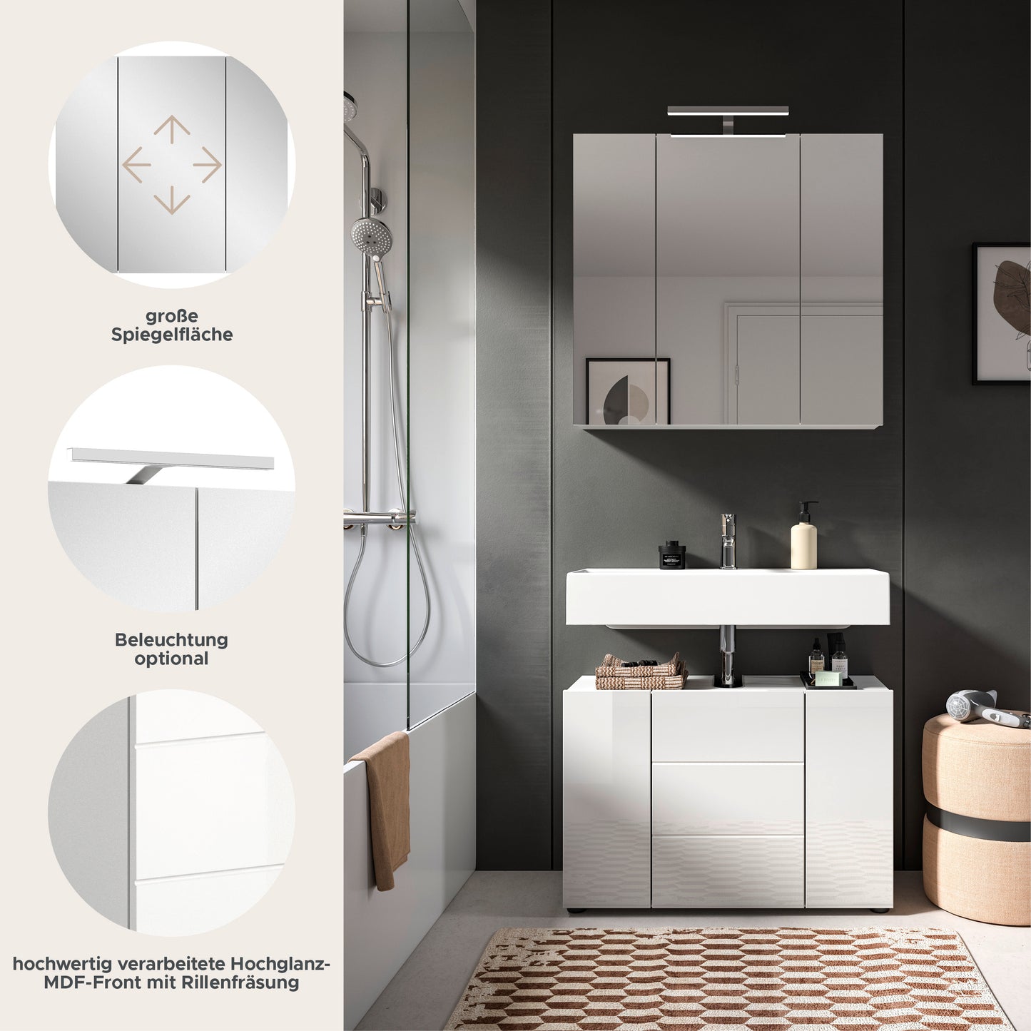 Combinaison de salle de bain Vira 82x190x34 cm éclairage inclus