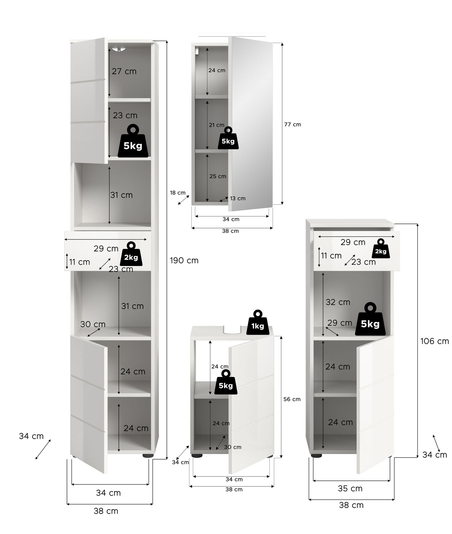 Homes & Jones Badmöbel Set 4tlg.inkl. Beleuchtung mit weiß Hochglanz Fronten