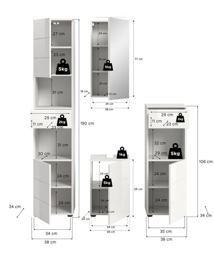 Homes & Jones Badmöbel Set 4tlg.inkl. Beleuchtung mit weiß Hochglanz Fronten