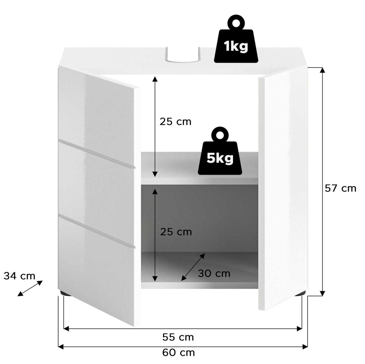 Waschbeckenunterschrank weiß, Maße 60×57 cm, Innenfach; max. 5 kg Belastung