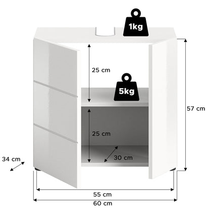 Waschbeckenunterschrank weiß, Maße 60×57 cm, Innenfach; max. 5 kg Belastung