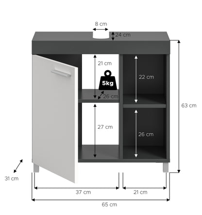 Homes & Jones Bad-Waschbeckenunterschrank 65 cm breit weiß-anthrazit, Badmöbel