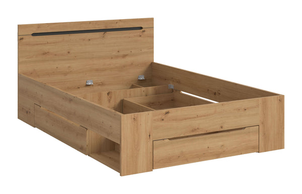 Bett Sova 140x200, Modernes Bett in Eiche-Optik mit Schubladen & Fächern