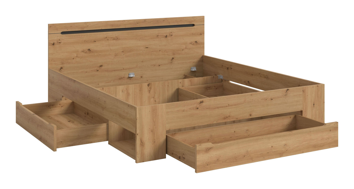 Homes & Jones Bett 180x200, Modernes Bett mit Bettkasten in Eiche-Optik