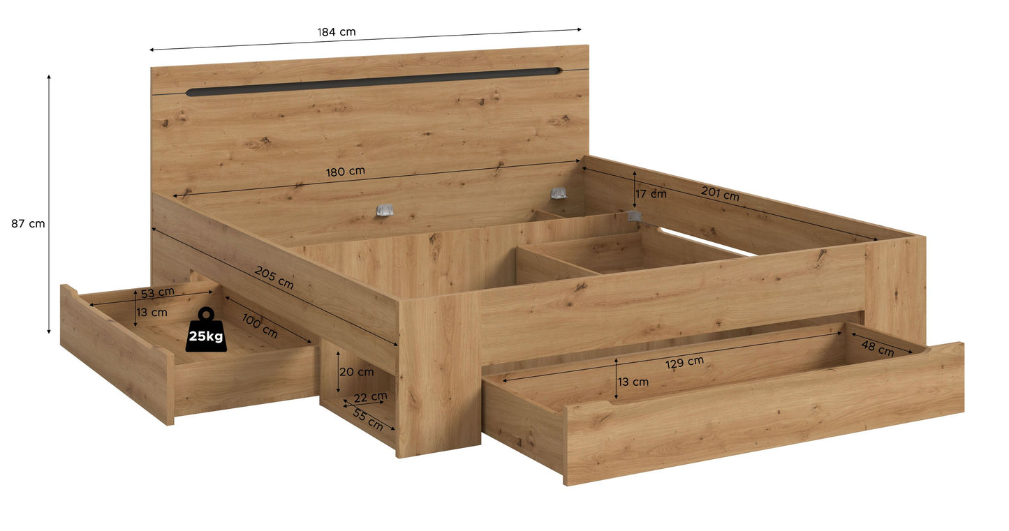 Homes & Jones Bett 180x200, Modernes Bett mit Bettkasten in Eiche-Optik
