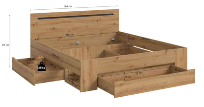Homes & Jones Bett 180x200, Modernes Bett mit Bettkasten in Eiche-Optik