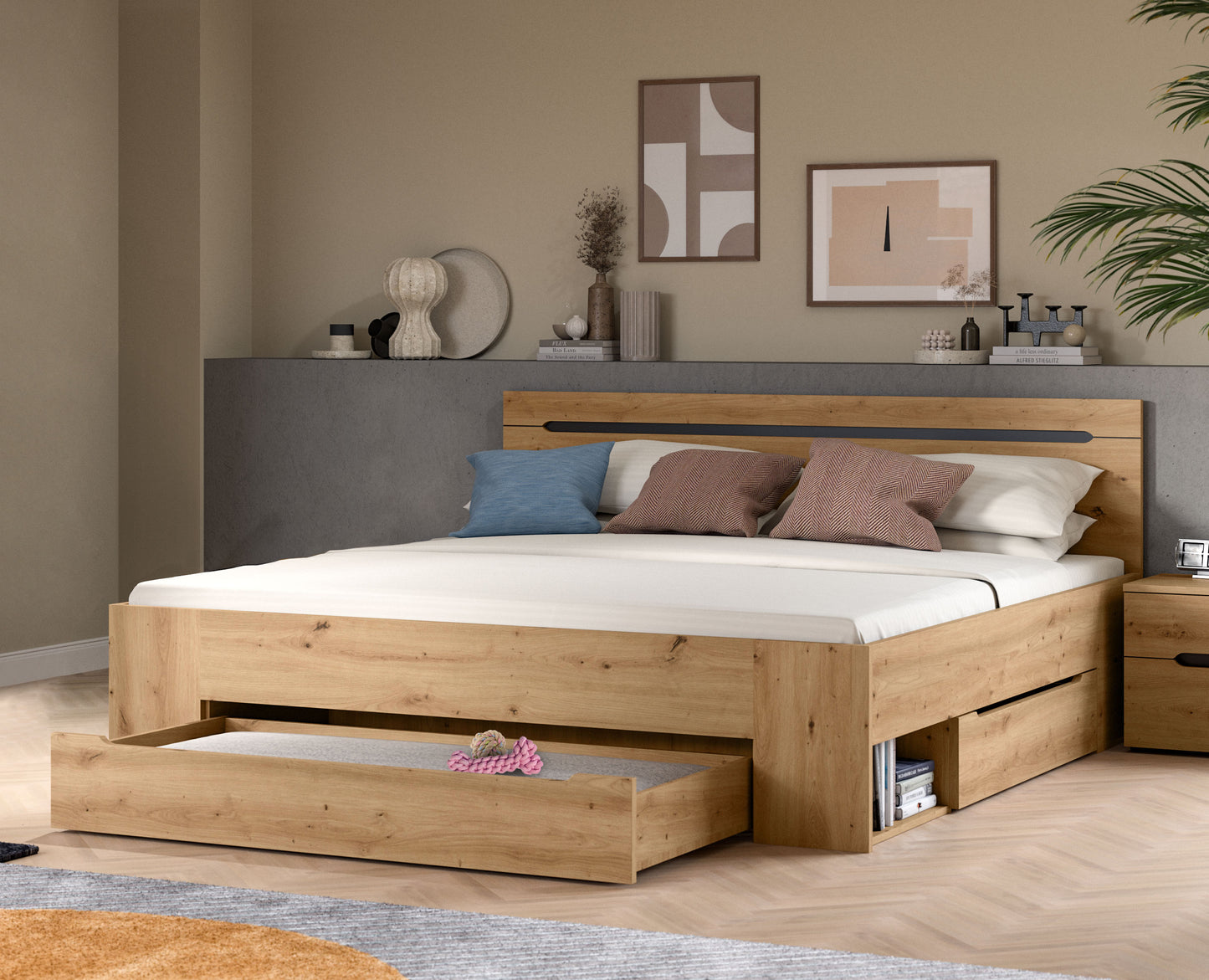 Homes & Jones Bett 180x200, Modernes Bett mit Bettkasten in Eiche-Optik