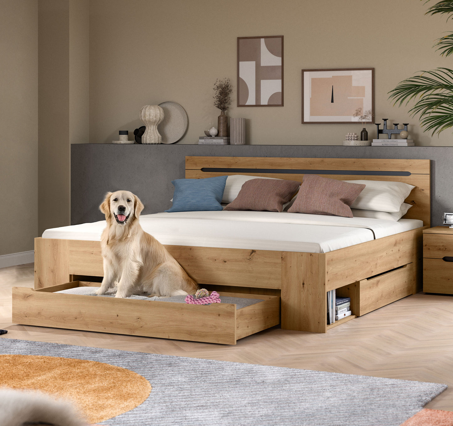 Homes & Jones Bett 180x200, Modernes Bett mit Bettkasten in Eiche-Optik