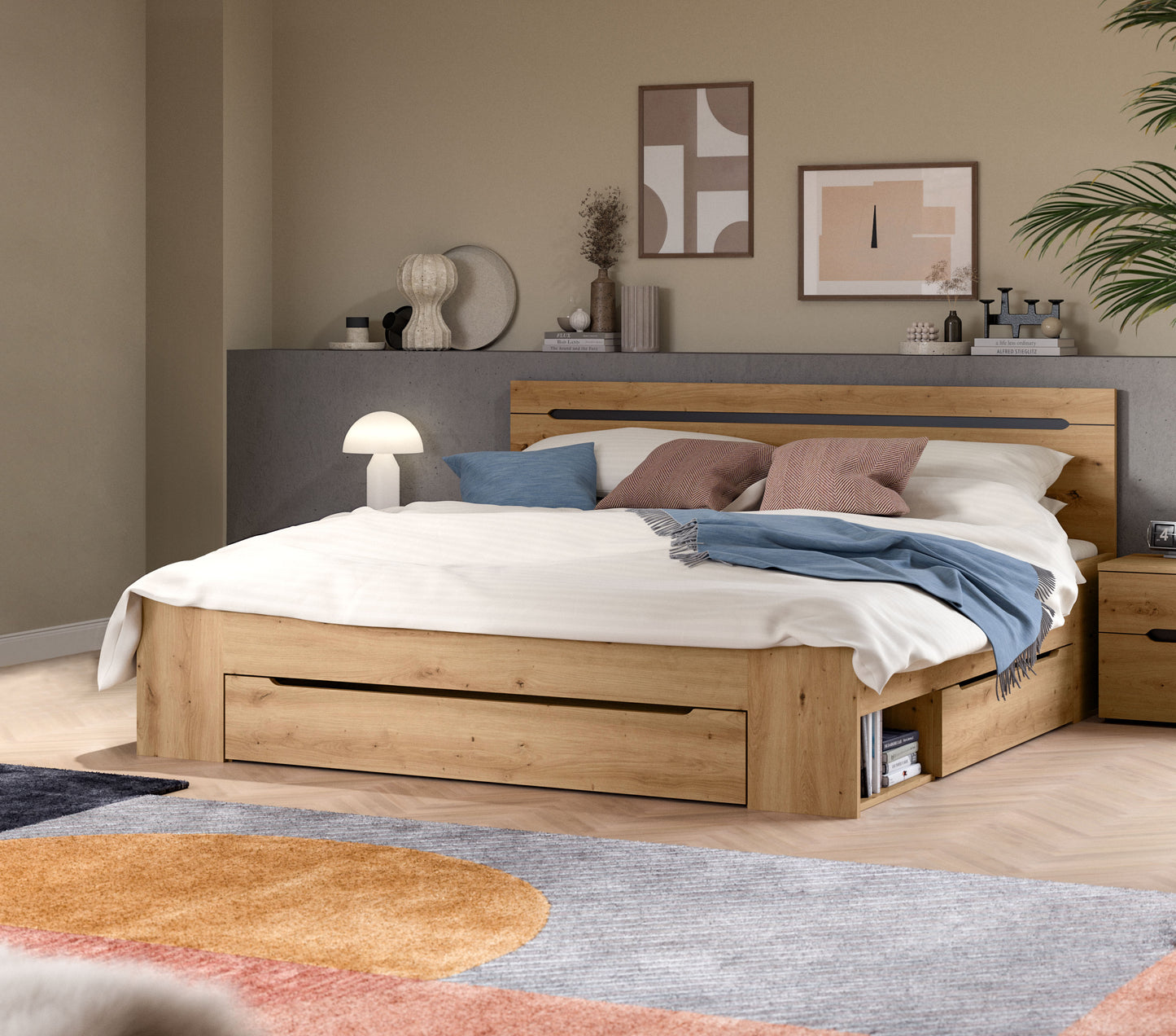 Homes & Jones Bett 180x200, Modernes Bett mit Bettkasten in Eiche-Optik