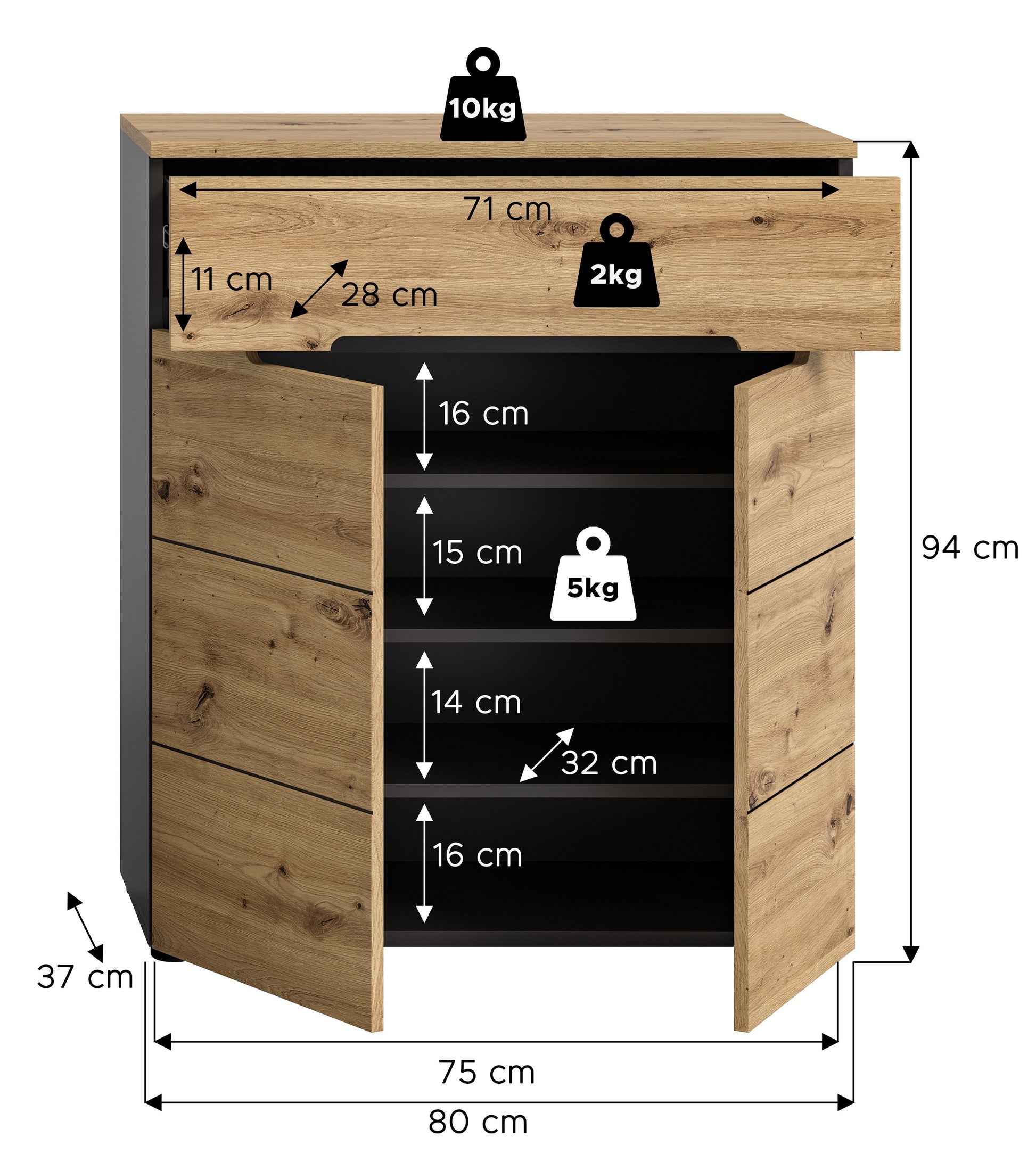 Schuhkommode mit Schublade und offenen Schuhfächern, Holzdekor, Maße bis 80 cm Breite