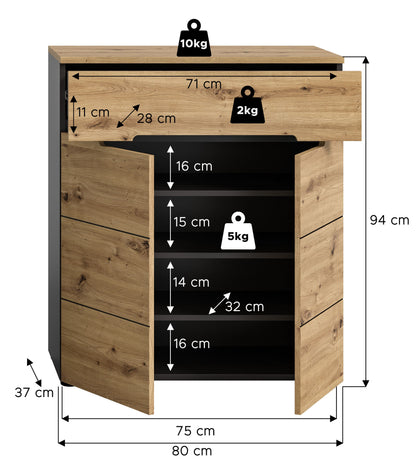 Schuhkommode mit Schublade und offenen Schuhfächern, Holzdekor, Maße bis 80 cm Breite