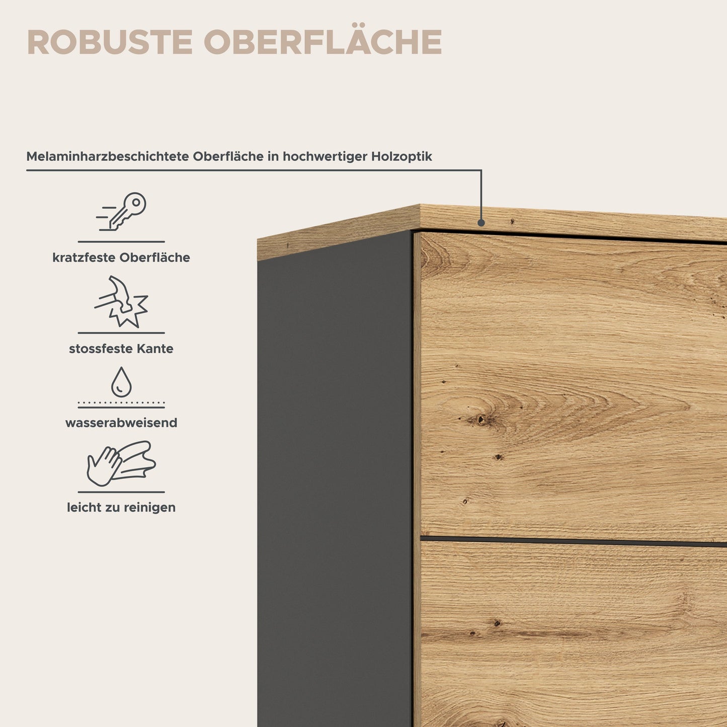 Oberfläche der Schuhkommode in Eichenoptik mit dunkelgrauer Seitenkante