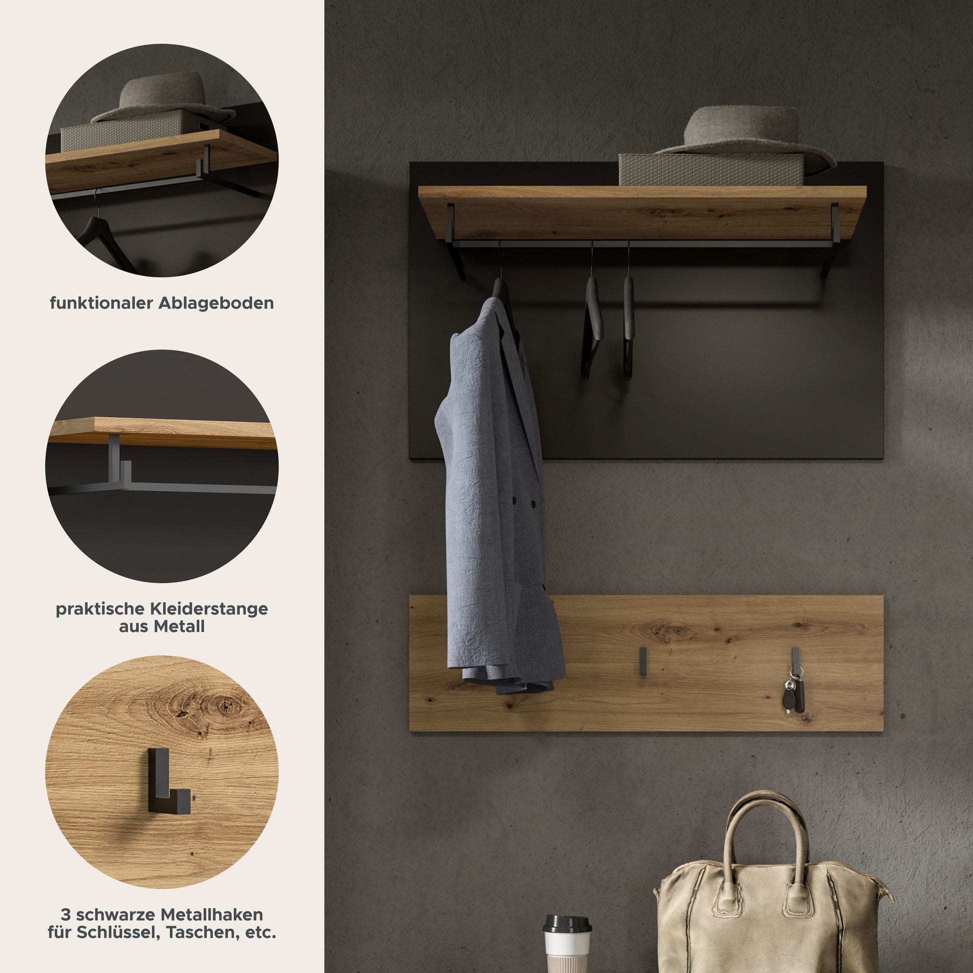 Wandgarderobe mit Hutablage, Kleiderstange und drei Kleiderhaken; Jacke und Hut zu sehen