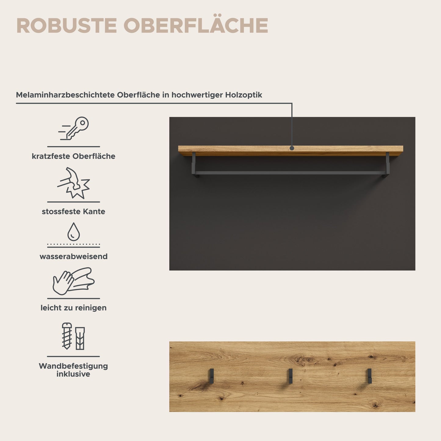 Wandgarderobe mit Hutablage und Kleiderhaken, anthrazitfarbene Rückwand und Holzleiste
