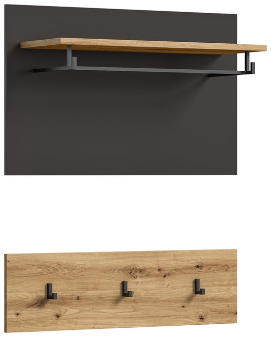 Wandgarderobe mit Holz-Hutablage und integrierten Zwischenablagen, anthrazitfarbene Rückwand