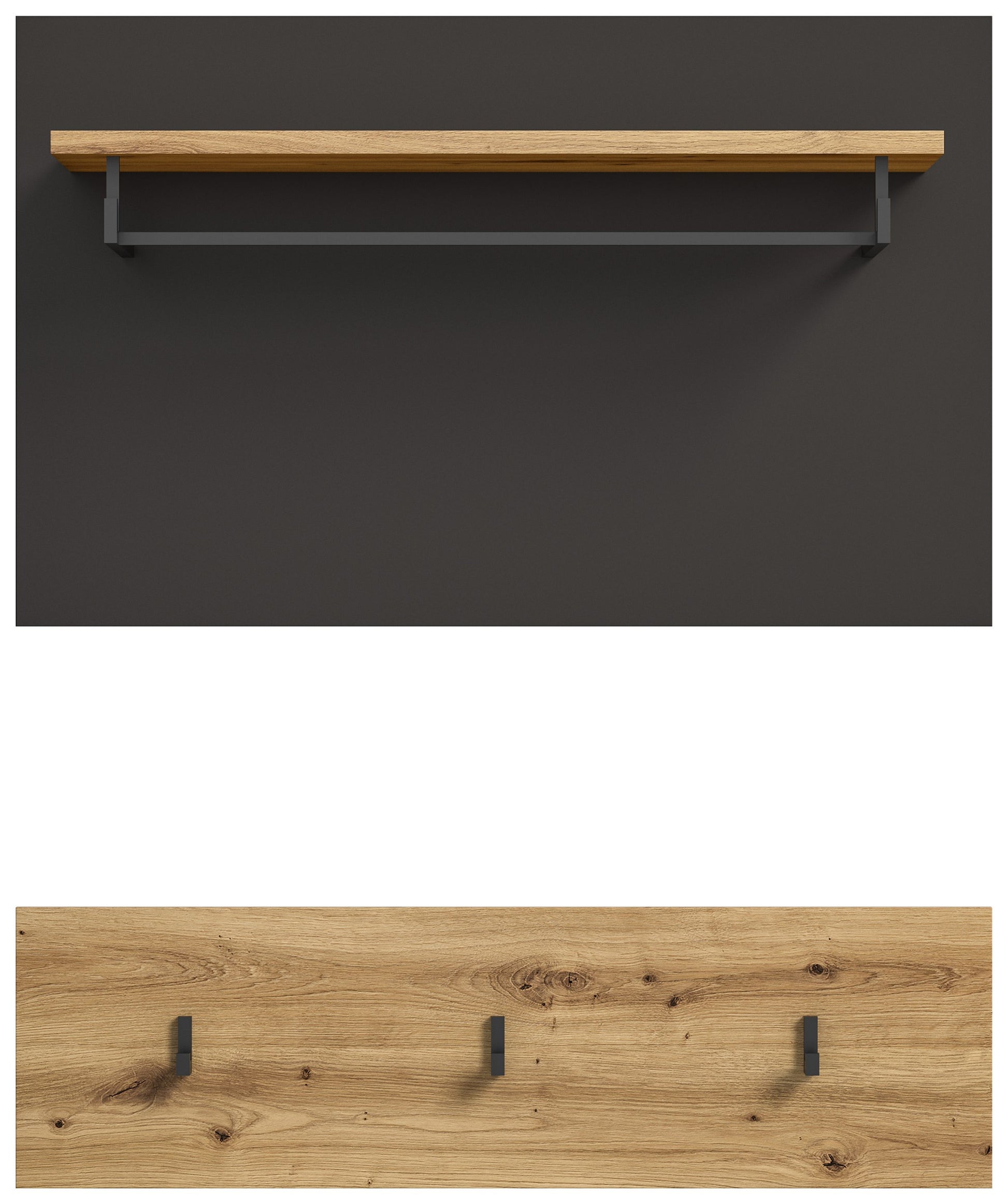 Wandgarderobe mit Hutablage aus Holz sowie drei Kleiderhaken auf Holzleiste