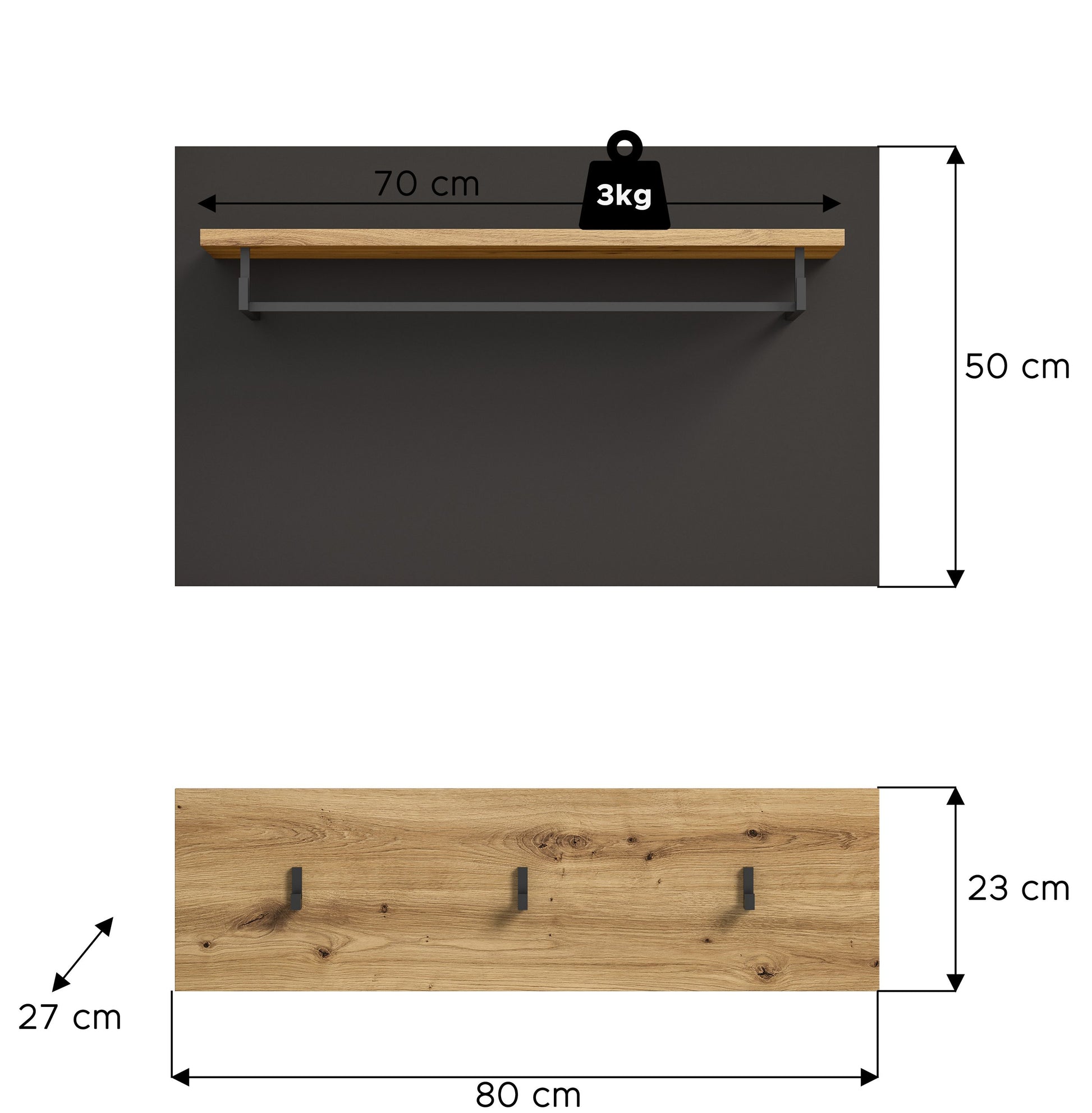 Maßzeichnung der Wandgarderobe mit Hutablage und Kleiderhaken, 70×50 cm, 80×23 cm