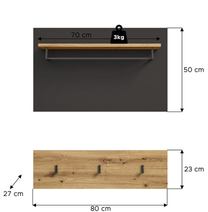 Maßzeichnung der Wandgarderobe mit Hutablage und Kleiderhaken, 70×50 cm, 80×23 cm