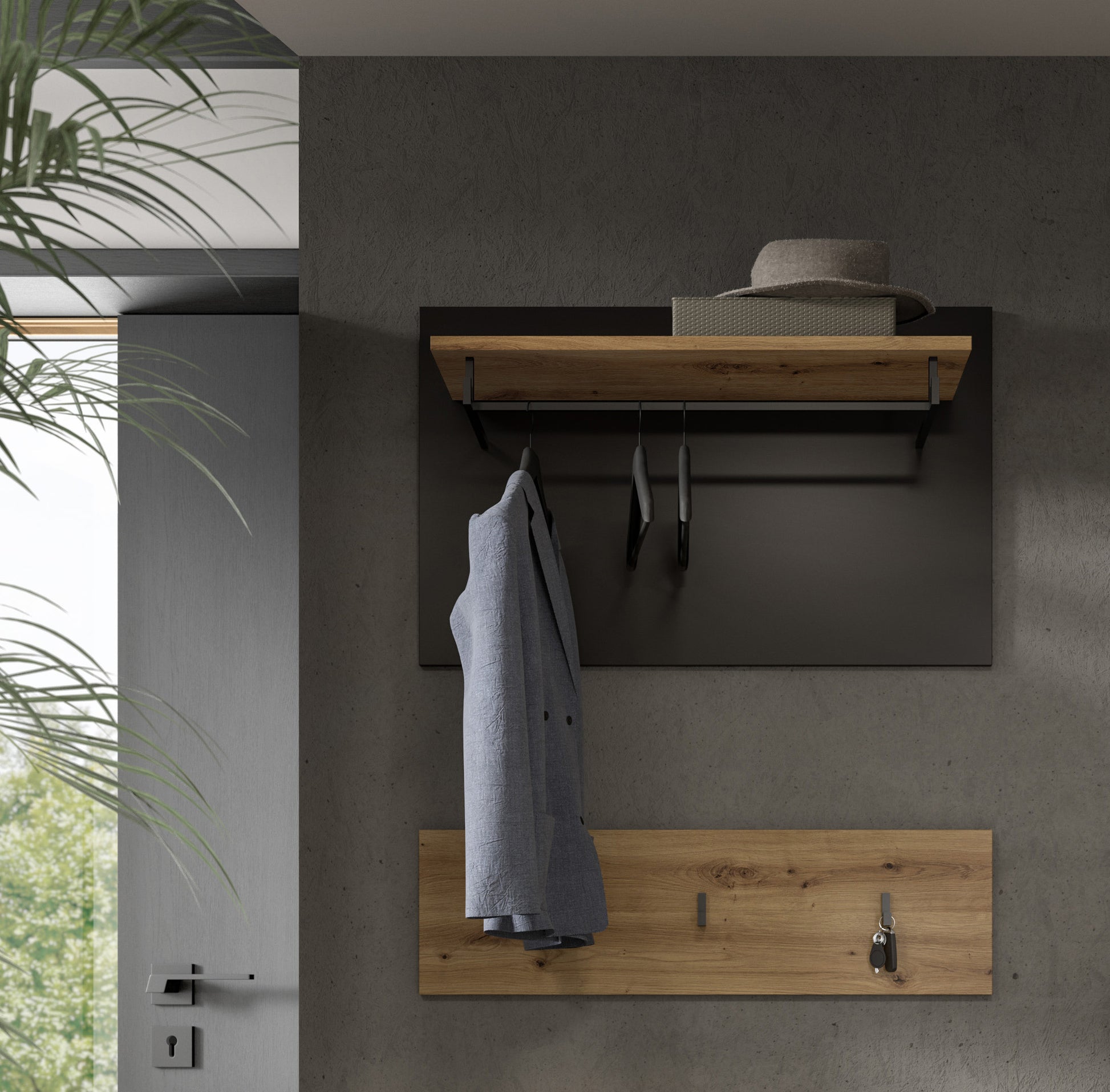 Wandgarderobe mit Hutablage, Kleiderhaken und Kleiderstange; Mantel und Hut im Einsatz