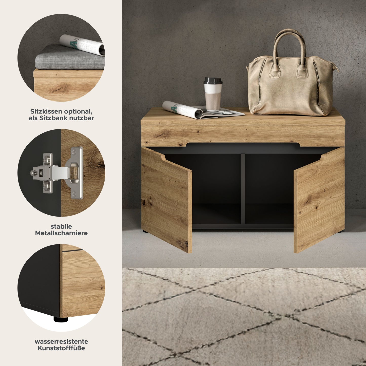 Garderoben-Sitzbank mit Stauraum, helle Holzoptik, schwarze Scharniere und schwarzes Griffband