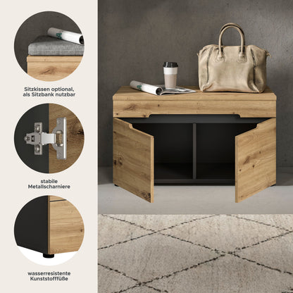Garderoben-Sitzbank mit Stauraum, helle Holzoptik, schwarze Scharniere und schwarzes Griffband
