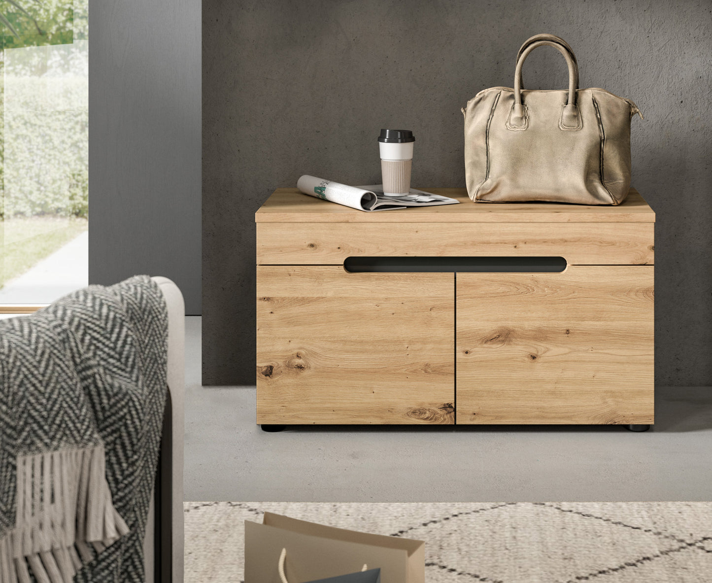Homes & Jones Garderoben-Sitzbank mit Stauraum, helle Holzoptik und schwarzem Griffband