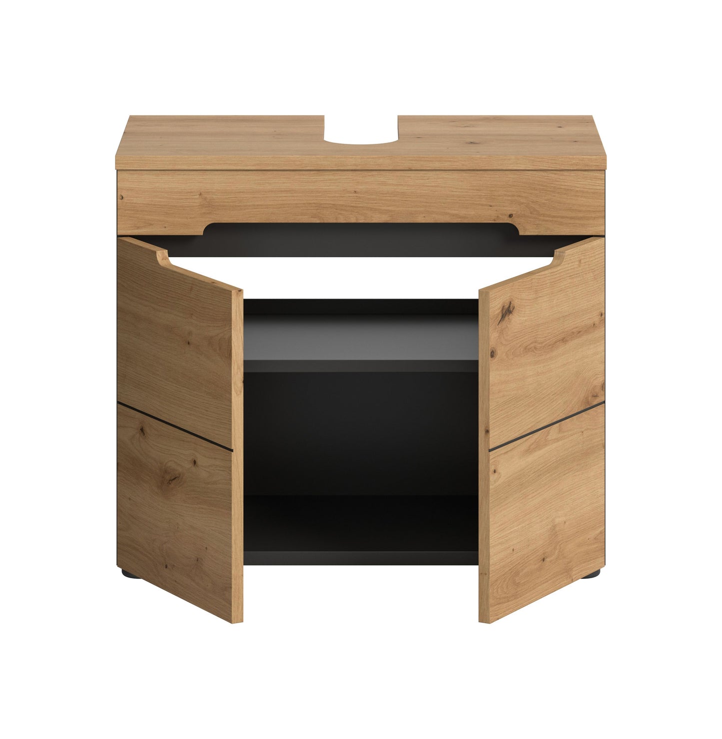 Waschbeckenunterschrank mit offener Front und Holzseiten, schwarze Griffmulde