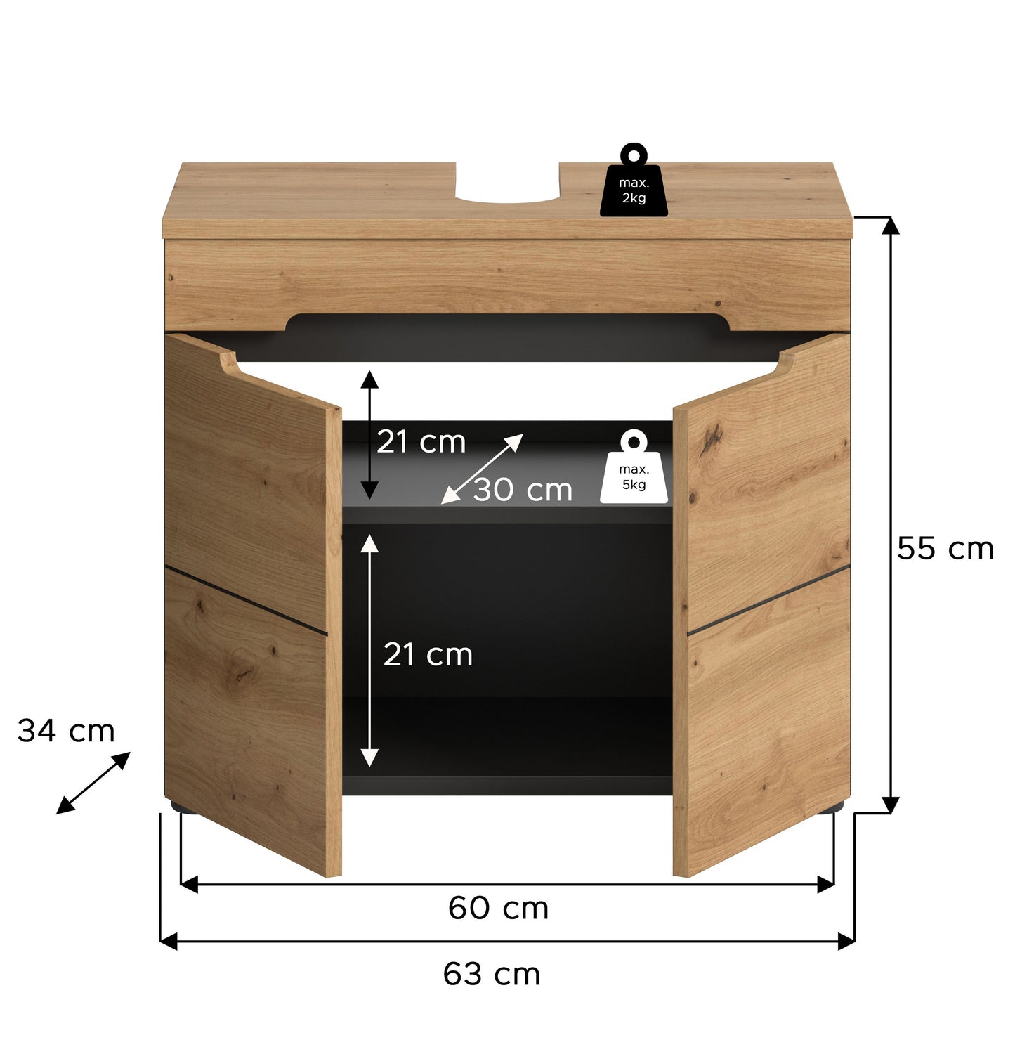 Waschbeckenunterschrank, Maßskizze: 60 cm breit, 55 cm hoch, 34 cm tief