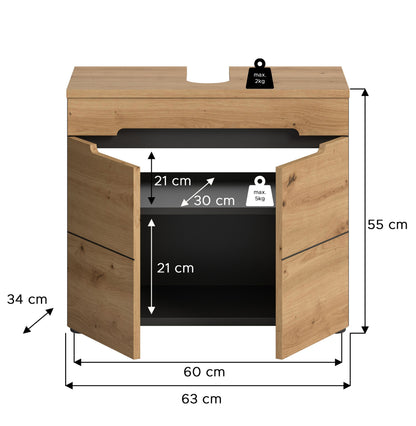 Waschbeckenunterschrank, Maßskizze: 60 cm breit, 55 cm hoch, 34 cm tief