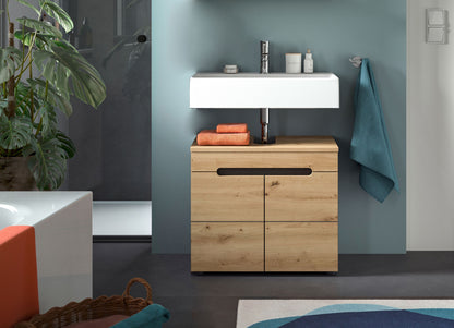 Badezimmerschrank in Holzoptik mit Schublade, 2 Türen und schwarzer Griffleiste