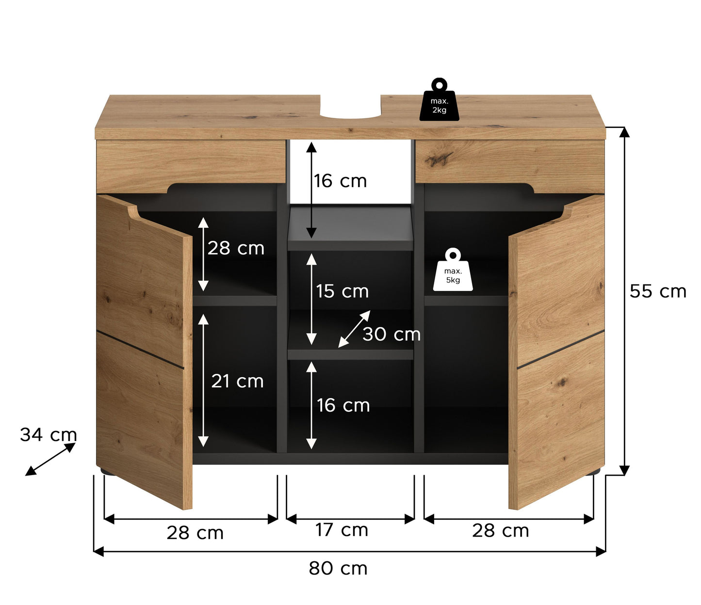 Waschbeckenunterschrank 80 cm breit, 55 cm hoch, mit 3 offenen Fächern