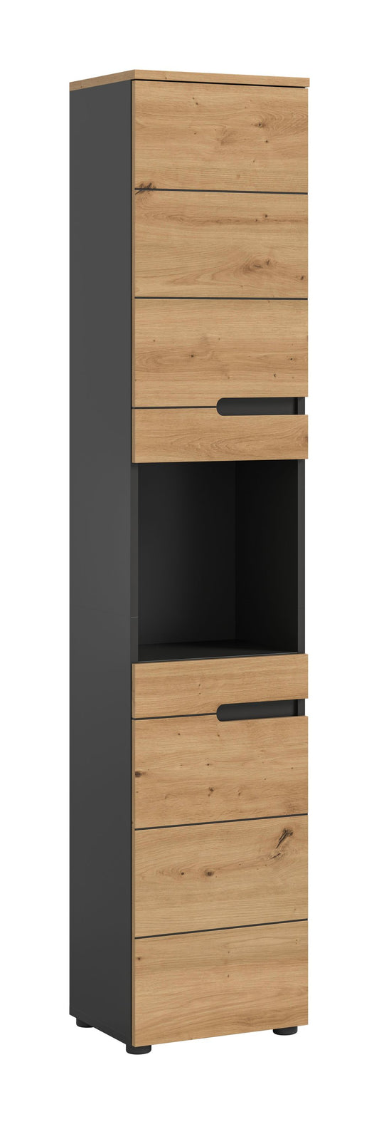 Schmaler Badezimmerhochschrank mit zwei Schubfächern und offenen Fächern, Holzdekor