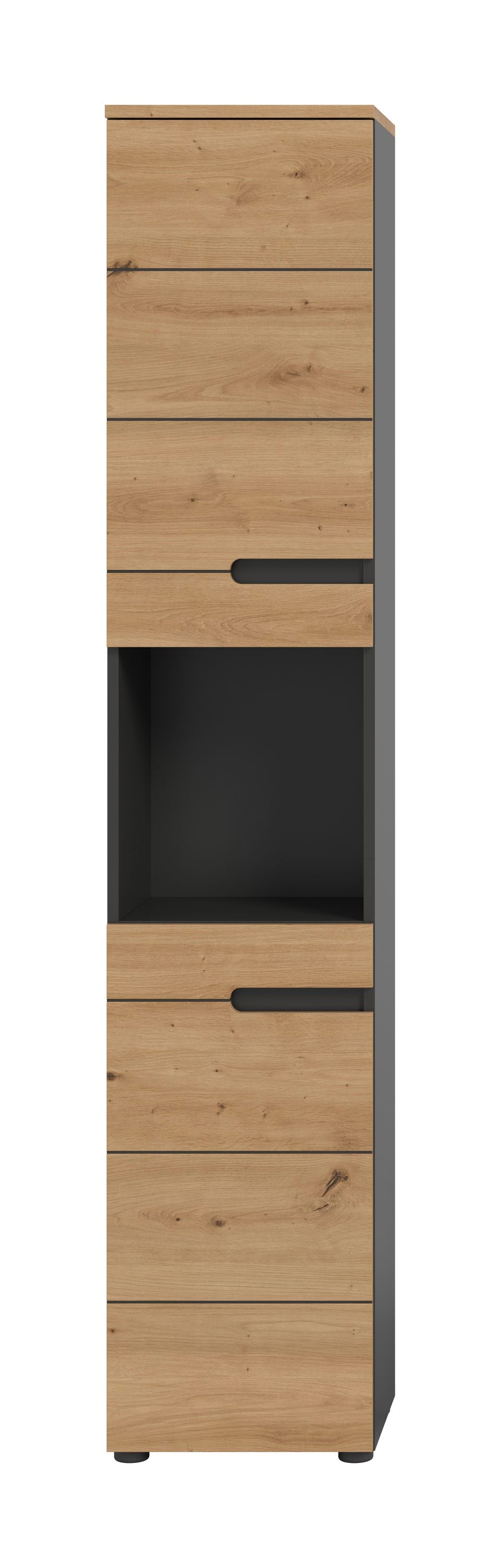 Schmaler Badezimmerhochschrank mit zwei Schubfächern und offenen Fächern, Holzdekor