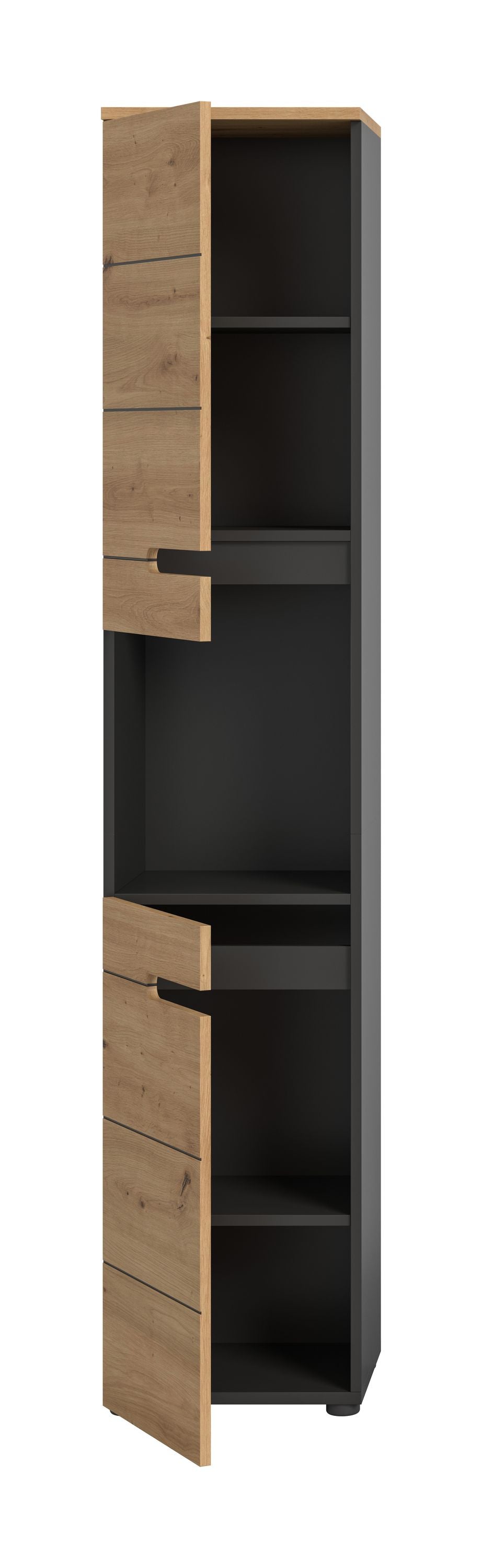 Badezimmerhochschrank mit geöffnetem Fach: Einlegeböden und Schubfach, Holzdekor