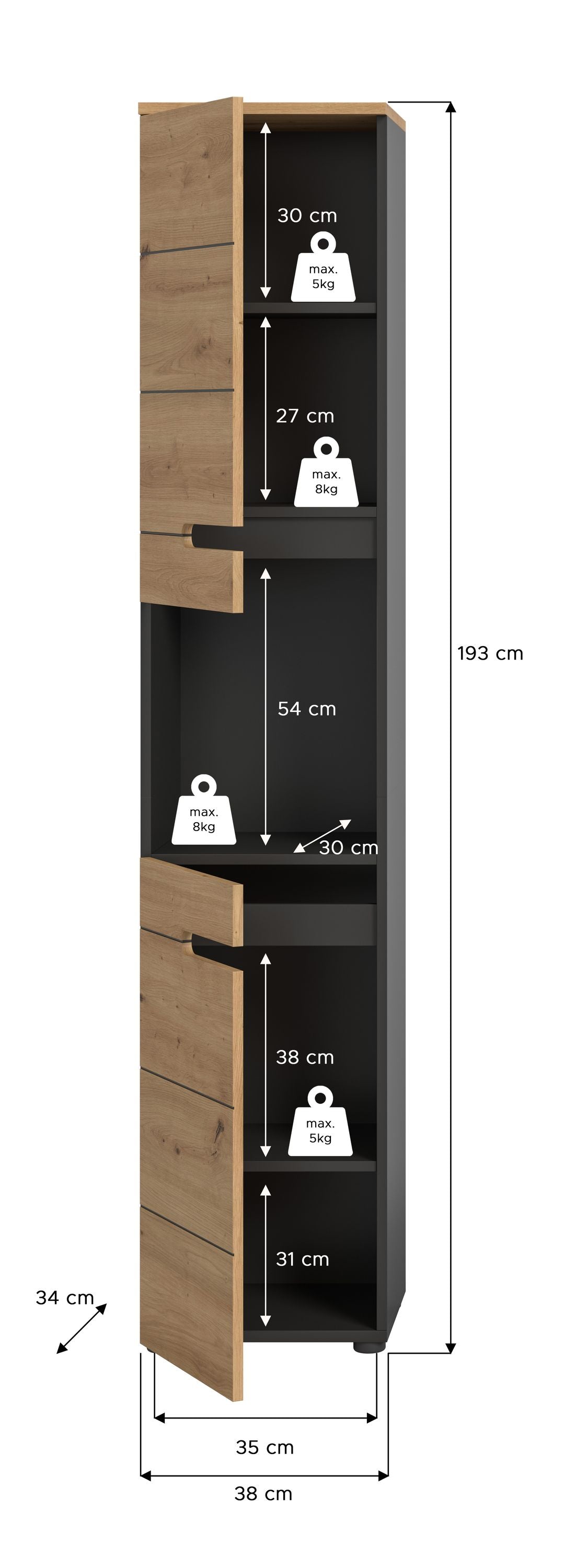 Badezimmerhochschrank Maße: 193 cm hoch, 38 cm breit, schmaler Stauraum mit Fächern
