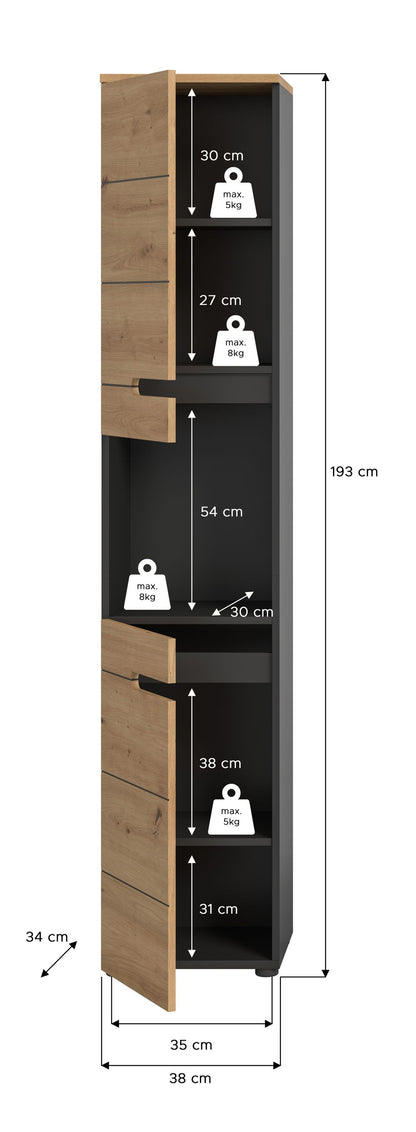 Badezimmerhochschrank Maße: 193 cm hoch, 38 cm breit, schmaler Stauraum mit Fächern