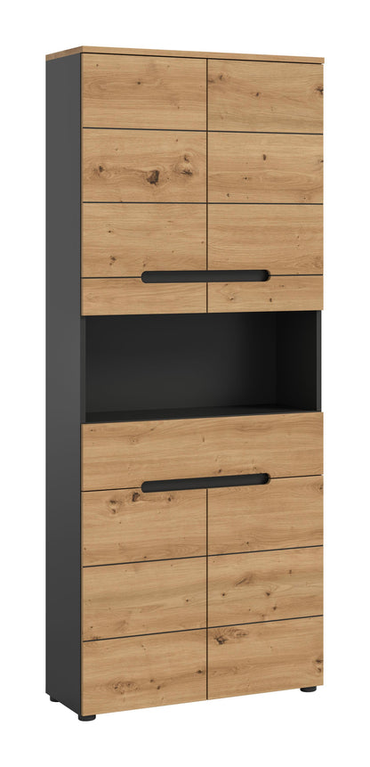 Badezimmerhochschrank mit Holzoptik-Türen, dunklem Mittelteil und zwei Griffleisten