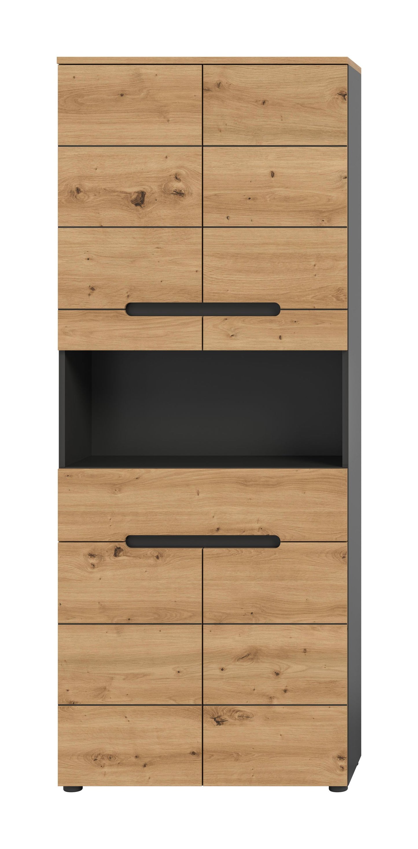 Badezimmerhochschrank mit Holzoptik-Front, schwarzen Einsatzfeldern und zwei Griffleisten