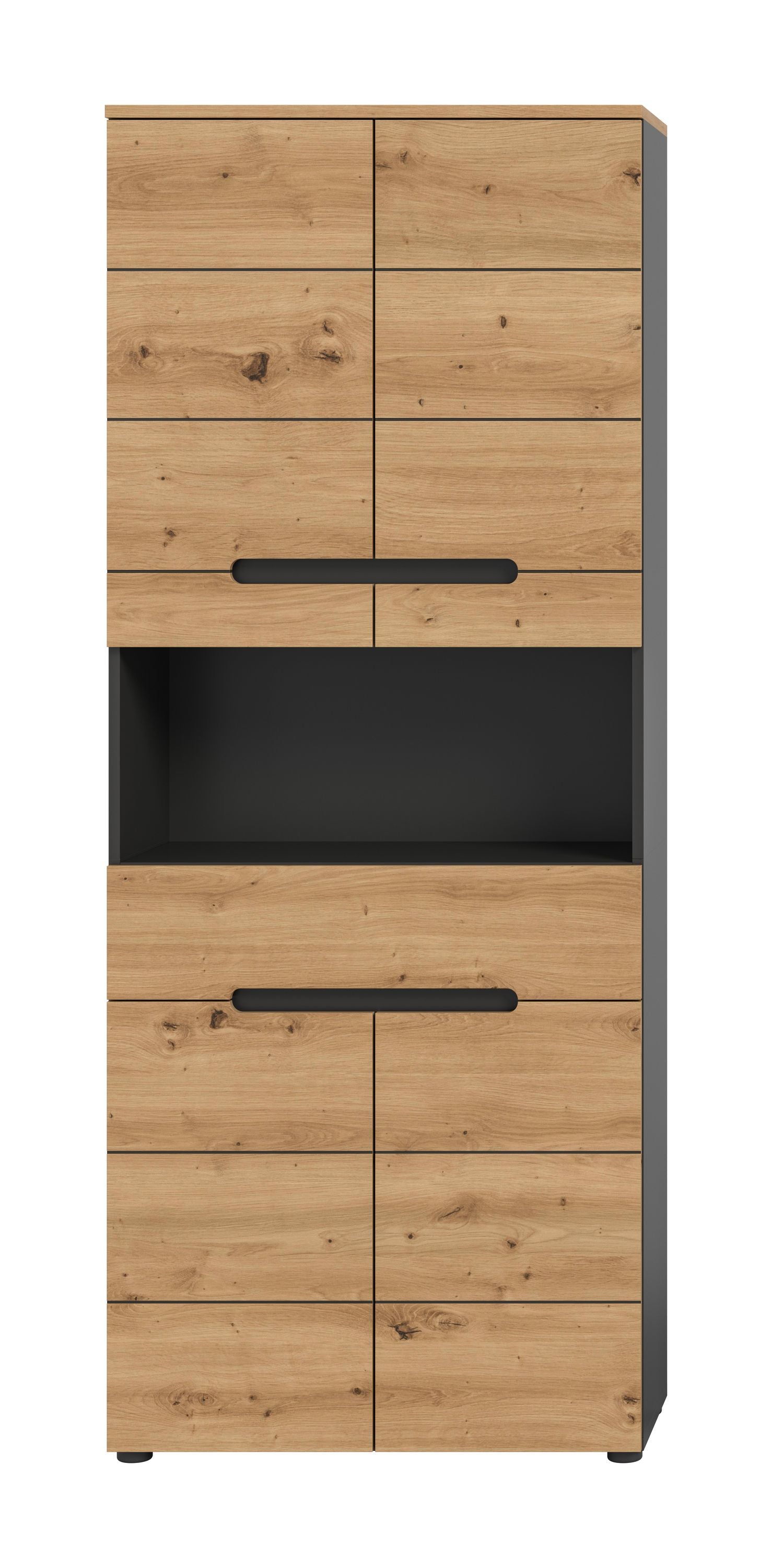 Badezimmerhochschrank mit Holzoptik-Front, schwarzen Einsatzfeldern und zwei Griffleisten